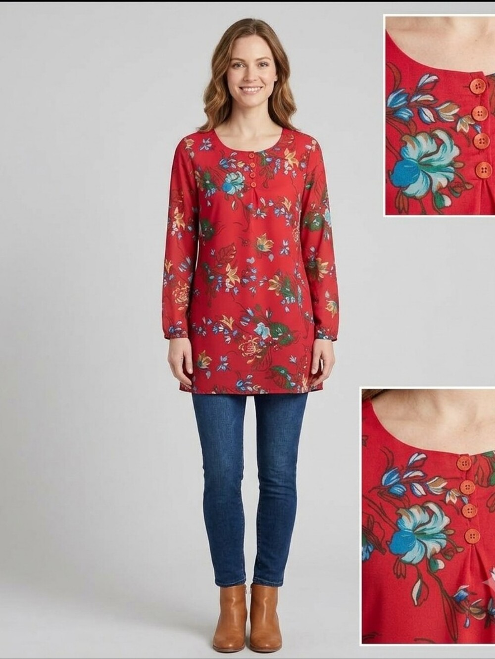 Handmade Custom Floral Long Sleeve Tunic Top Red